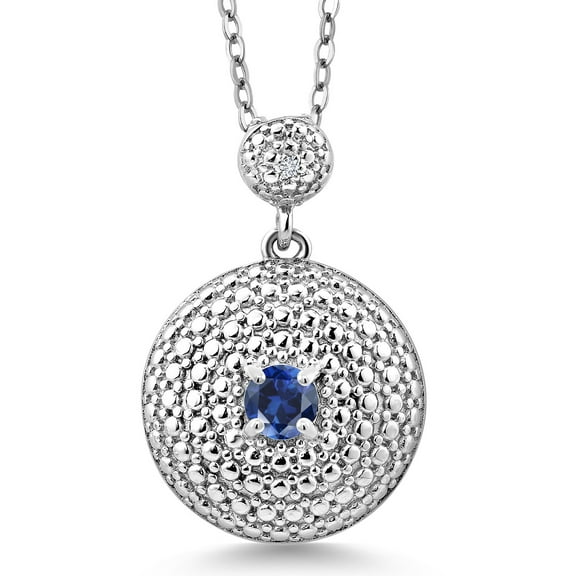 Gem Stone King 0.26 Cttw Blue Created Sapphire White Diamond Rhodium Plated Pendant with Chain