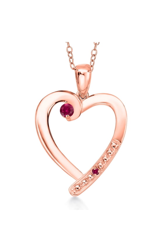 18K Rose Gold Plated Silver Red Created Ruby Heart Pendant Necklace for Women | 0.27 Cttw | Gemstone July Birthstone | Round 3.5MM | With 18 inch Chain