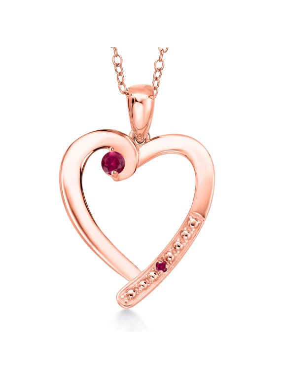 18K Rose Gold Plated Silver Red Created Ruby Heart Pendant Necklace for Women | 0.27 Cttw | Gemstone July Birthstone | Round 3.5MM | With 18 inch Chain