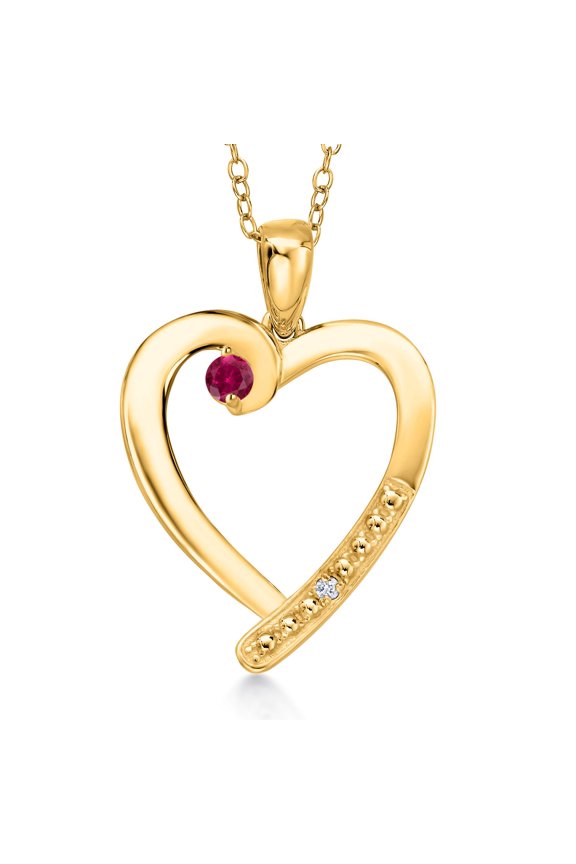 18K Yellow Gold Plated Silver Red Created Ruby and White Zirconia Heart Pendant Necklace for Women | 0.27 Cttw | Gemstone July Birthstone | Round 3.5MM | With 18 inch Chain