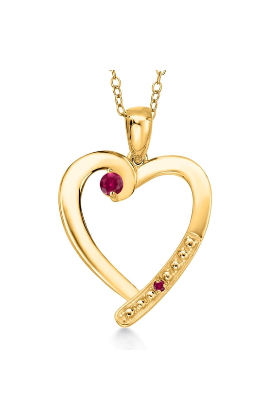 18K Yellow Gold Plated Silver Red Created Ruby Heart Pendant Necklace for Women | 0.27 Cttw | Gemstone July Birthstone | Round 3.5MM | With 18 inch Chain