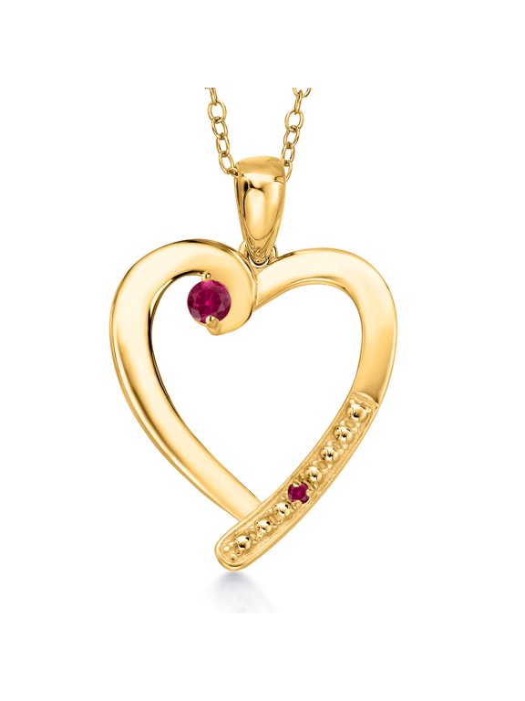 18K Yellow Gold Plated Silver Red Created Ruby Heart Pendant Necklace for Women | 0.27 Cttw | Gemstone July Birthstone | Round 3.5MM | With 18 inch Chain