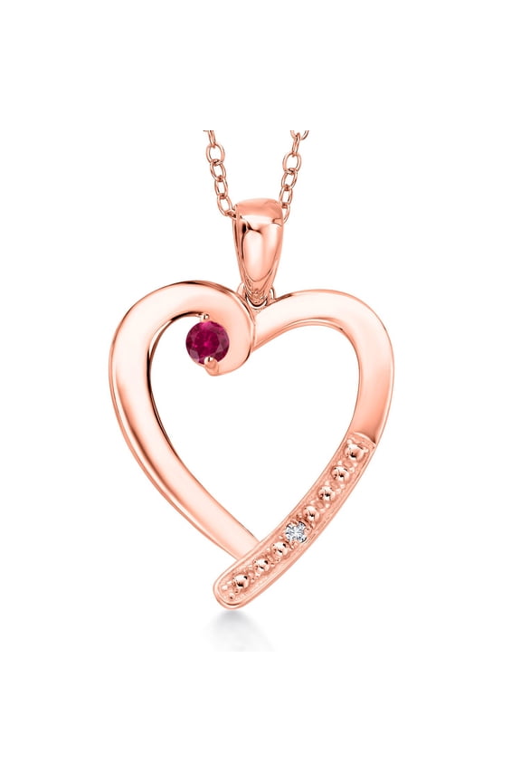18K Rose Gold Plated Silver Red Created Ruby and White Diamond Heart Pendant Necklace for Women | 0.27 Cttw | Gemstone July Birthstone | Round 3.5MM | With 18 inch Chain