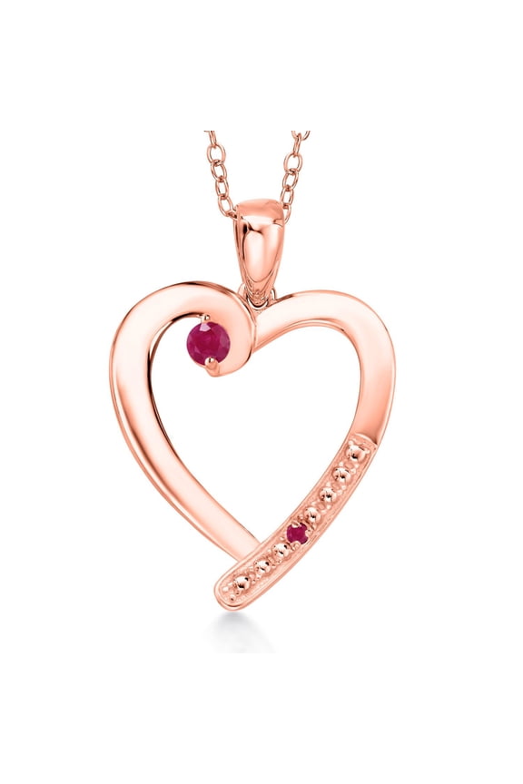 18K Rose Gold Plated Silver Red Ruby Heart Pendant Necklace for Women | 0.27 Cttw | Gemstone July Birthstone | Round 3.5MM | With 18 inch Chain
