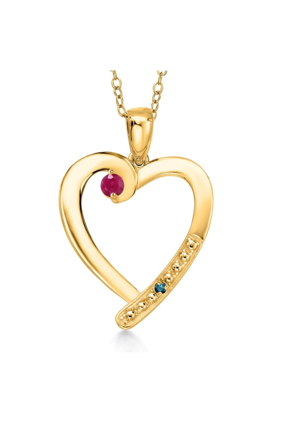 18K Yellow Gold Plated Silver Red Ruby and Blue Diamond Heart Pendant Necklace for Women | 0.27 Cttw | Gemstone July Birthstone | Round 3.5MM | With 18 inch Chain