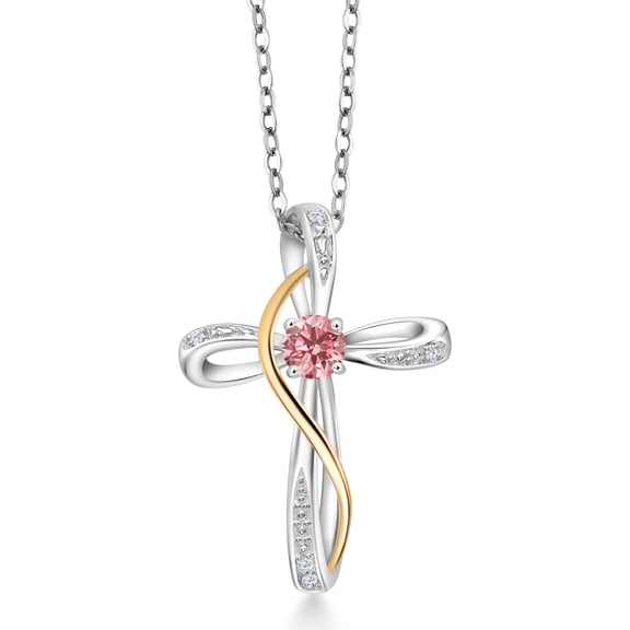 Gem Stone King 0.28 Ct Pink and White Lab Grown Diamond 925 Silver and 10K Yellow Gold Infinity Cross Pendant with Chain