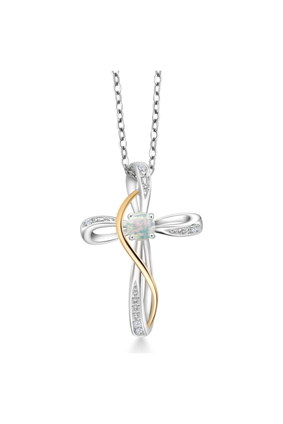 0.28 Ct Round Cabochon White Simulated Opal 925 Silver and 10K Yellow Gold Lab Grown Diamond Infinity Cross Pendant with Chain