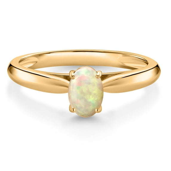 Gem Stone King 0.32 Ct Oval Cabochon White Ethiopian Opal 10K Yellow Gold Solitaire Engagement Ring