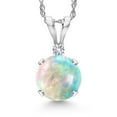 thumbnail image 1 of Gem Stone King 14K White Gold Simulated White Opal and White Created Sapphire Pendant Necklace for Women | 0.32 Cttw | Gemstone October Birthstone | Round Cabochon 6MM | With 18 inch Chain, 1 of 6