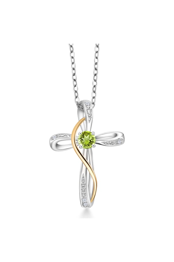 0.33 Ct Green Peridot 925 Silver and 10K Yellow Gold Lab Grown Diamond Infinity Cross Pendant with Chain