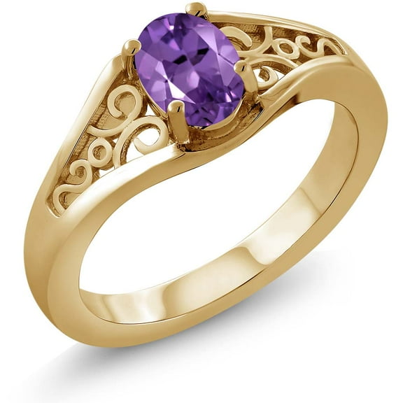 Gem Stone King 0.35 Ct Oval Purple Amethyst 18K Yellow Gold Plated Silver Ring (Size 7)