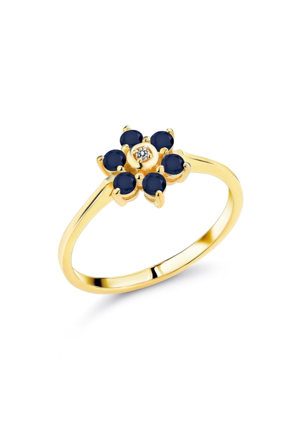 0.37 Ct Round Blue Sapphire and White Diamond Flower Design 10K Yellow Gold Ring (Size 5)