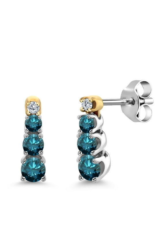 0.40 Ct Round Blue Diamond and Created Moissanite 925 Silver and 10K Yellow Gold Earrings