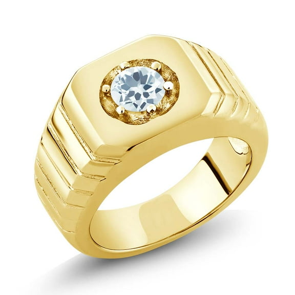 Gem Stone King 0.40 Ct Sky Blue VS Aquamarine 18K Yellow Gold Plated Silver Men's Solitaire Ring (Size 11)