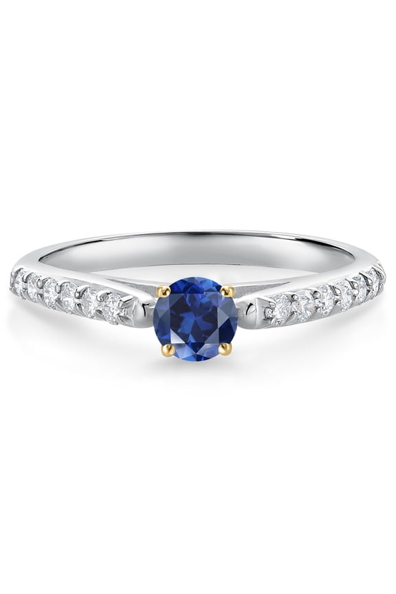 0.43 Ct Blue Created Sapphire G/H Lab Grown Diamond 10K White and Yellow Gold Engagement Ring (Size 5)