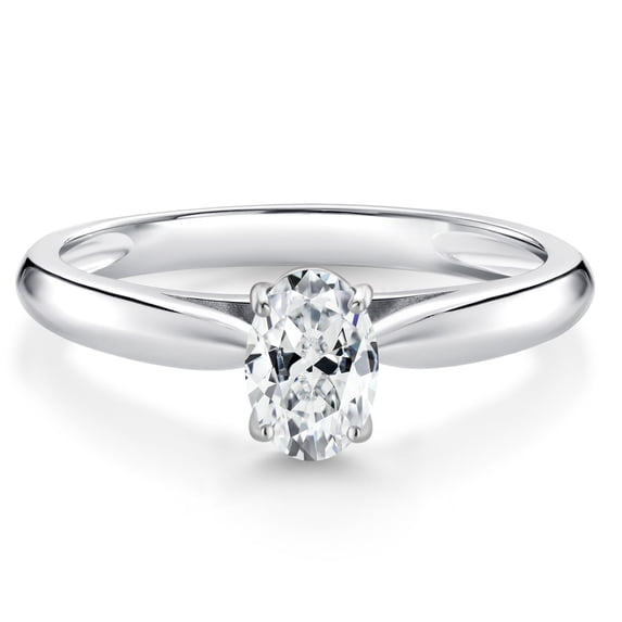 Gem Stone King 0.43 Ct Oval White Zirconia 10K White Gold Solitaire Engagement Ring