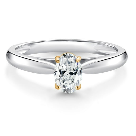 Gem Stone King 0.43 Ct Oval White Zirconia 925 Silver and 10K Yellow Gold Solitaire Engagement Ring (Size 5)
