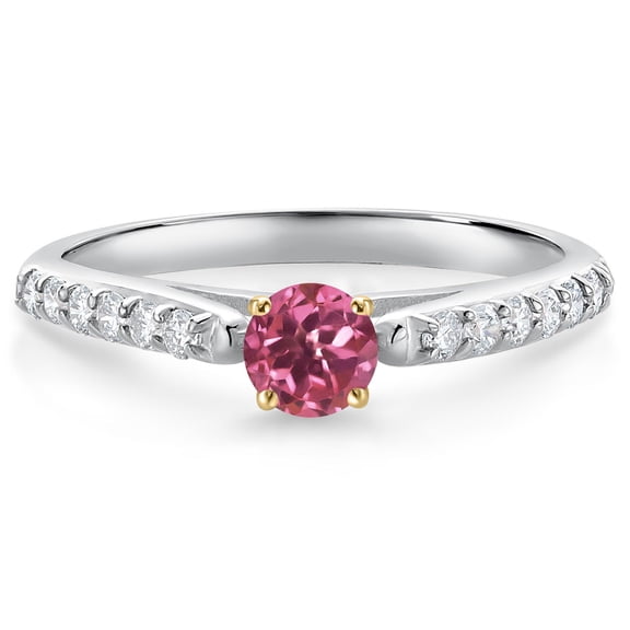 Gem Stone King 0.43 Ct Pink Tourmaline G/H Lab Grown Diamond 10K White and Yellow Gold Engagement Ring (Size 9)