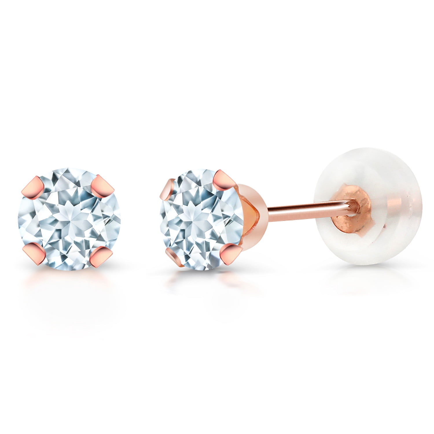 Gem Stone King 0.44 Ct Round 4mm Sky Blue Aquamarine 10K Rose Gold Stud Earrings for Women Men