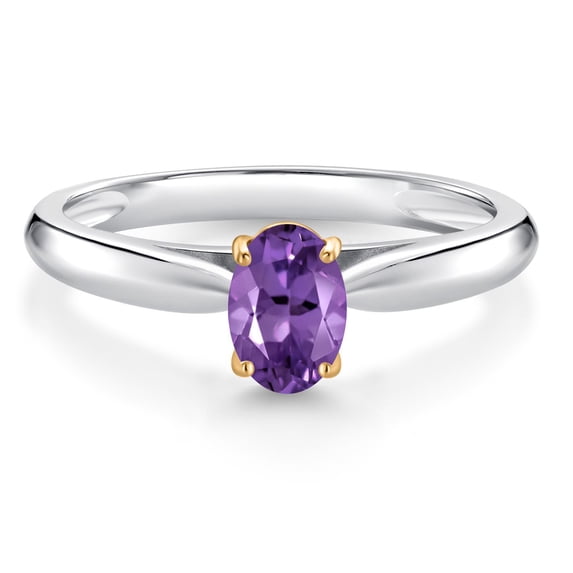 Gem Stone King 0.45 Ct Oval Purple Amethyst 925 Silver and 10K Yellow Gold Solitaire Engagement Ring (Size 8)
