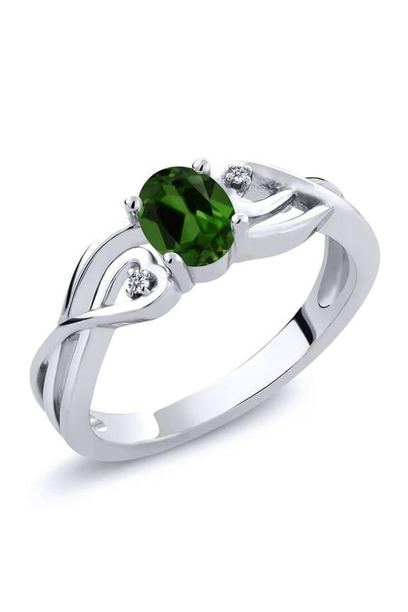0.46 Ct Oval Green Chrome Diopside White Lab Grown Diamond 925 Sterling Silver Ring (Size 8)