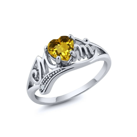 Gem Stone King 0.47 Ct Heart Shape Yellow Citrine and White Topaz 925 Sterling Silver Mom Ring