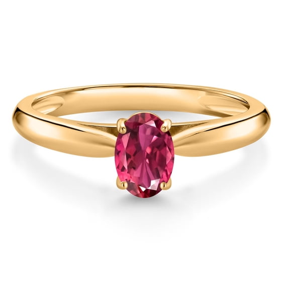 Gem Stone King 0.48 Ct Oval Pink Tourmaline 10K Yellow Gold Solitaire Engagement Ring