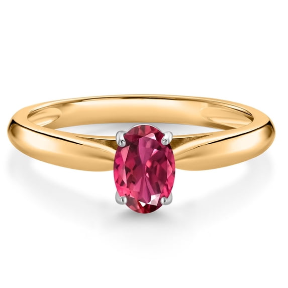 Gem Stone King 0.48 Ct Oval Pink Tourmaline 10K Yellow and White Gold Solitaire Engagement Ring (Size 8)