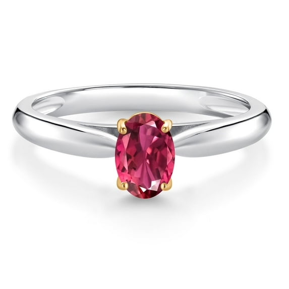 Gem Stone King 0.48 Ct Oval Pink Tourmaline 925 Silver and 10K Yellow Gold Solitaire Engagement Ring (Size 5)