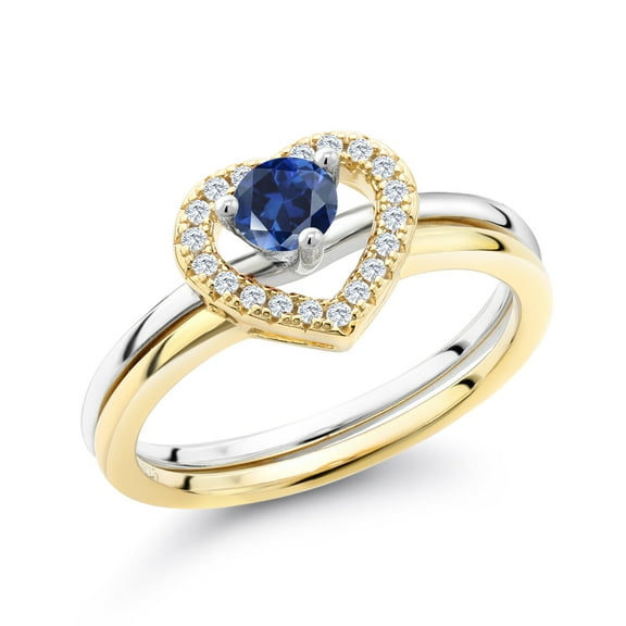 Gem Stone King 0.49 Ct Round Blue Created Sapphire 18K Two-Tone Plated Sterling Silver Ring (Size 9)