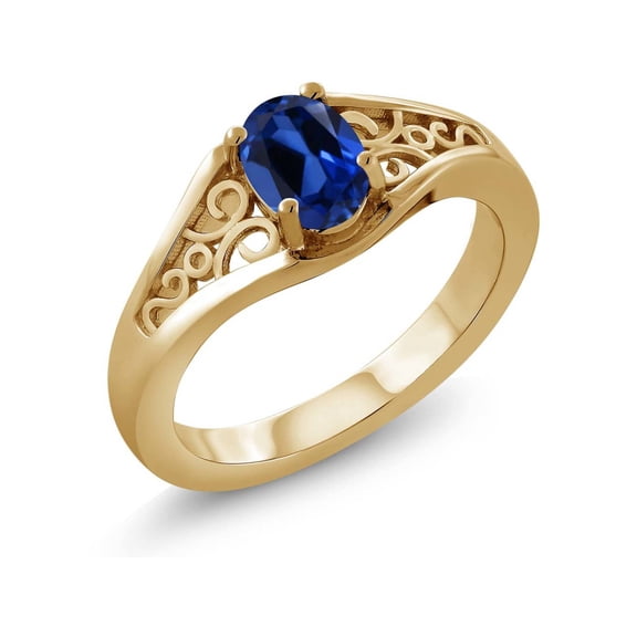 Gem Stone King 0.50 Ct Oval Blue Created Sapphire 18K Yellow Gold Plated Silver Ring