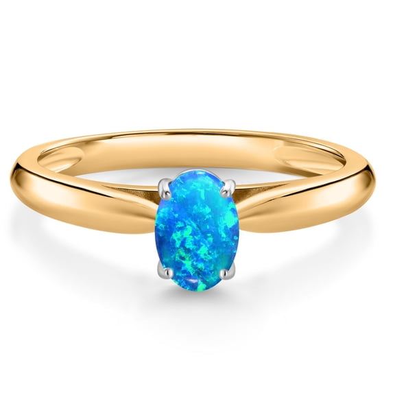 Gem Stone King 0.50 Ct Oval Cabochon Blue Simulated Opal 10K Yellow and White Gold Solitaire Engagement Ring (Size 7)