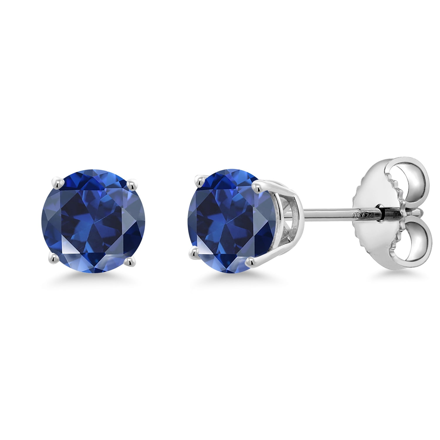 Gem Stone King 925 Sterling Silver Blue Created Sapphire Stud Earrings for Women | 0.50 Cttw | Gemstone September Birthstone | Round 4MM