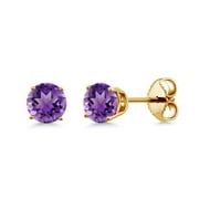 GEM STONE KING 0.50 Ct Round 4mm Purple Amethyst 18K Yellow Gold Plated Silver Stud Earrings for Women Men