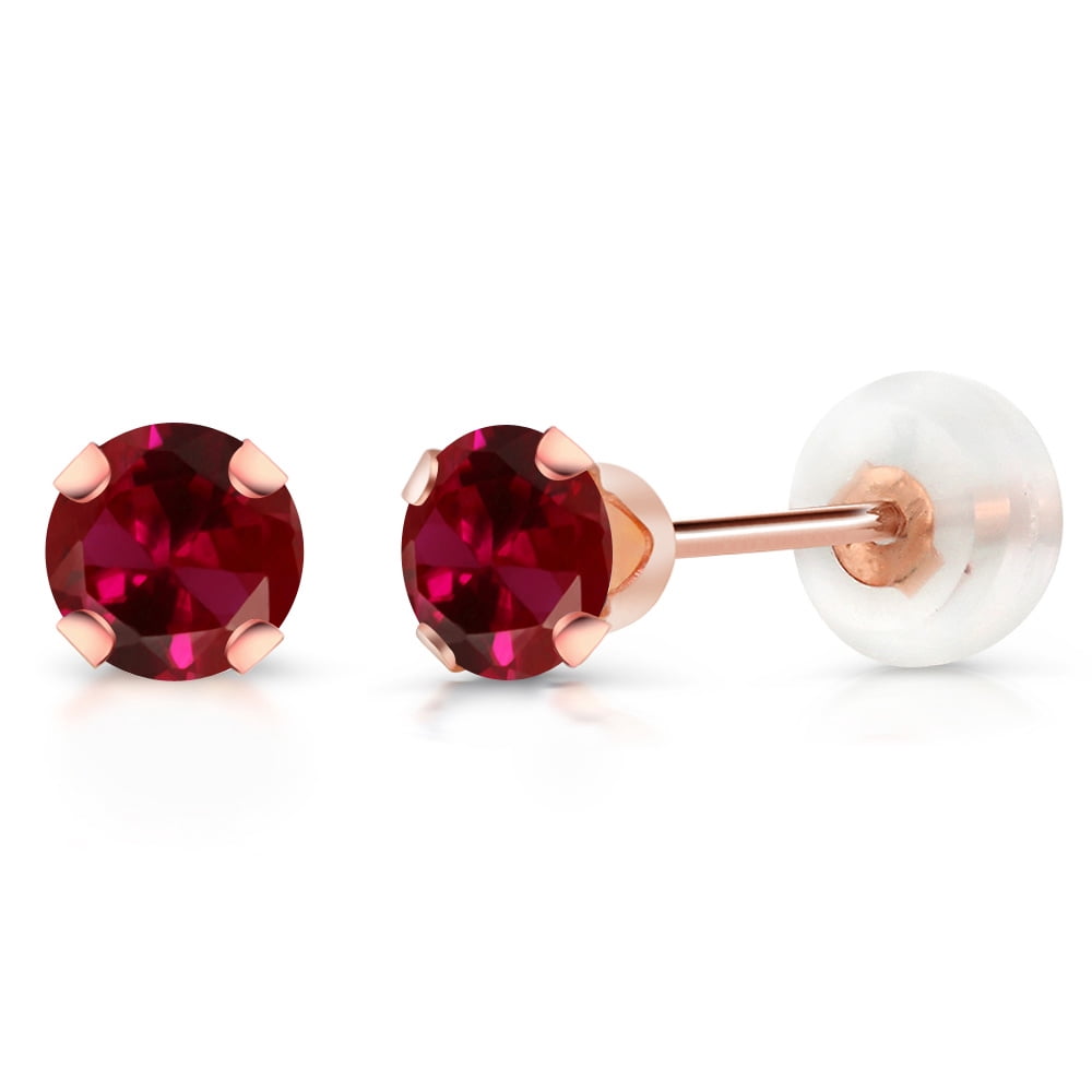 Gem Stone King 0.50 Ct Round 4mm Red Created Ruby 10K Rose Gold Stud Earrings for Women Men