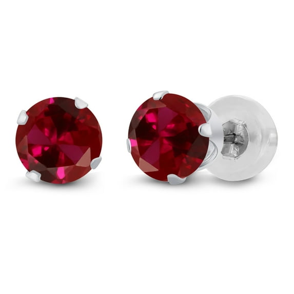 Gem Stone King 14K White Gold Red Created Ruby Stud Earrings for Women Men | 0.50 Cttw | Gemstone July Birthstone | Round 4MM