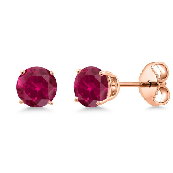 Gem Stone King 18K Rose Gold Plated Silver Red Created Ruby Stud Earrings for Women | 0.50 Cttw | Gemstone July Birthstone | Round 4MM