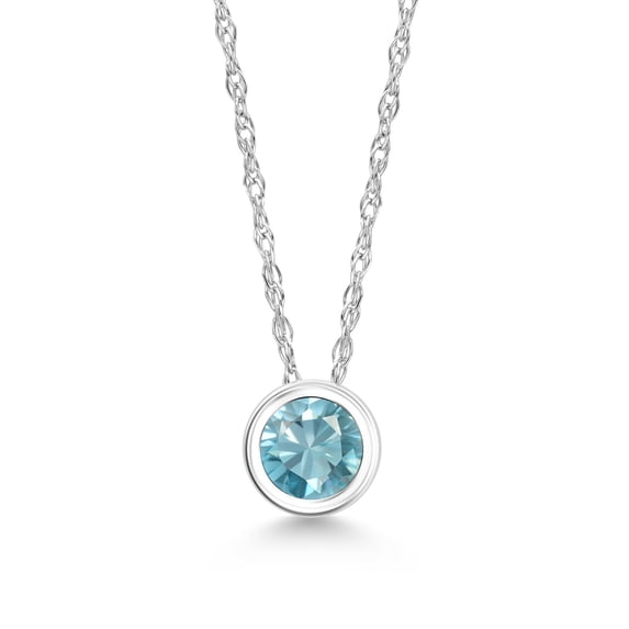 Gem Stone King 0.50 Ct Round Blue Zircon 14K White Gold Women's Solitaire Pendant with Chain