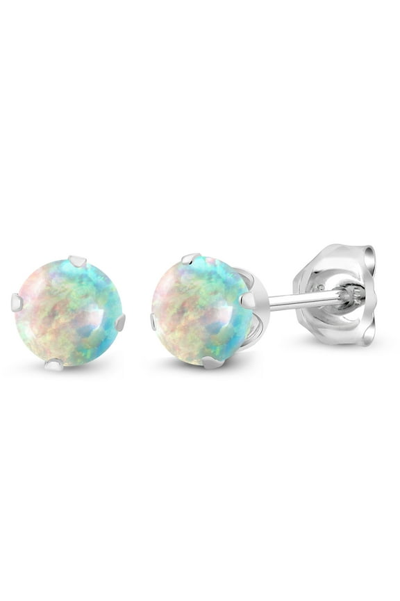925 Sterling Silver White Simulated Opal Stud Earrings for Women Men (0.50 Cttw, Round Cabochon 4MM)