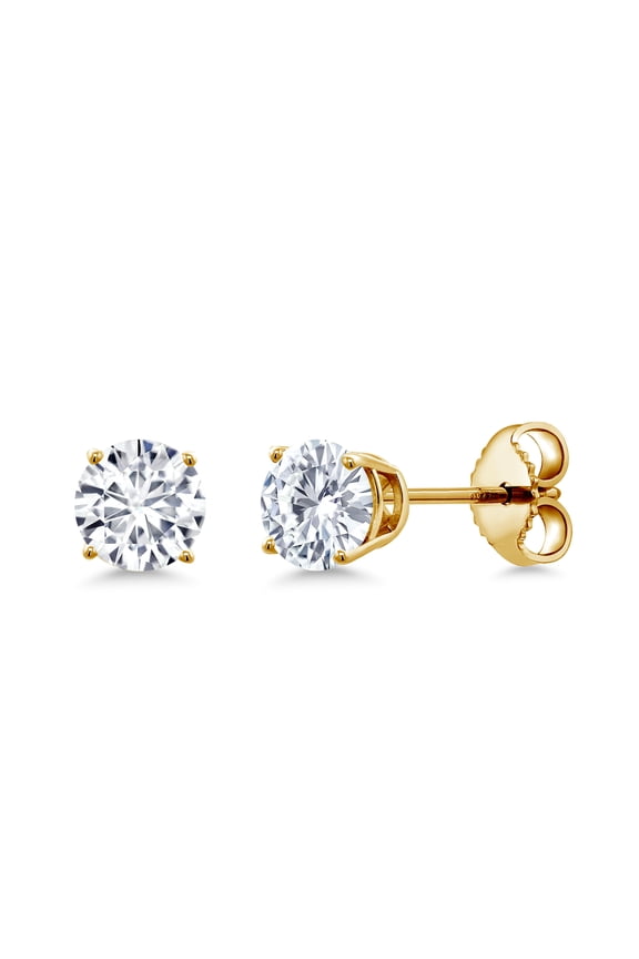 18K Yellow Gold Plated Silver White Moissanite Stud Earrings for Women | 0.50 Cttw | Gemstone Birthstone | Round 4MM