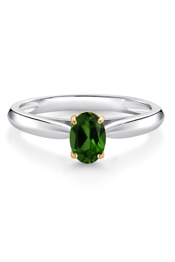 0.55 Ct Oval Green Chrome Diopside 925 Silver and 10K Yellow Gold Solitaire Engagement Ring (Size 8)