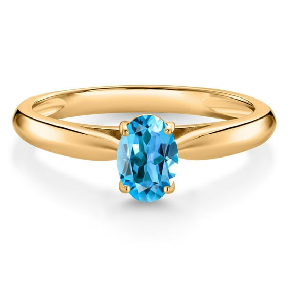 Gem Stone King 0.55 Ct Oval Swiss Blue Topaz 10K Yellow Gold Solitaire Engagement Ring
