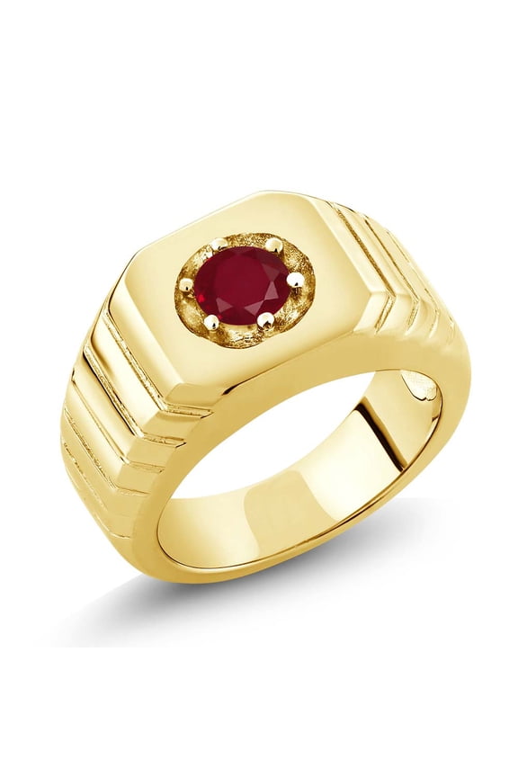 0.55 Ct Red SI1/SI2 Ruby 18K Yellow Gold Plated Silver Men's Solitaire Ring (Size 11)