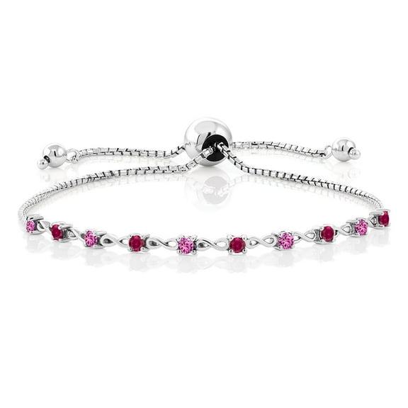 Gem Stone King 0.55 Ct Round Pink Created Sapphire Red Created Ruby 925 Sterling Silver Bracelet for Women