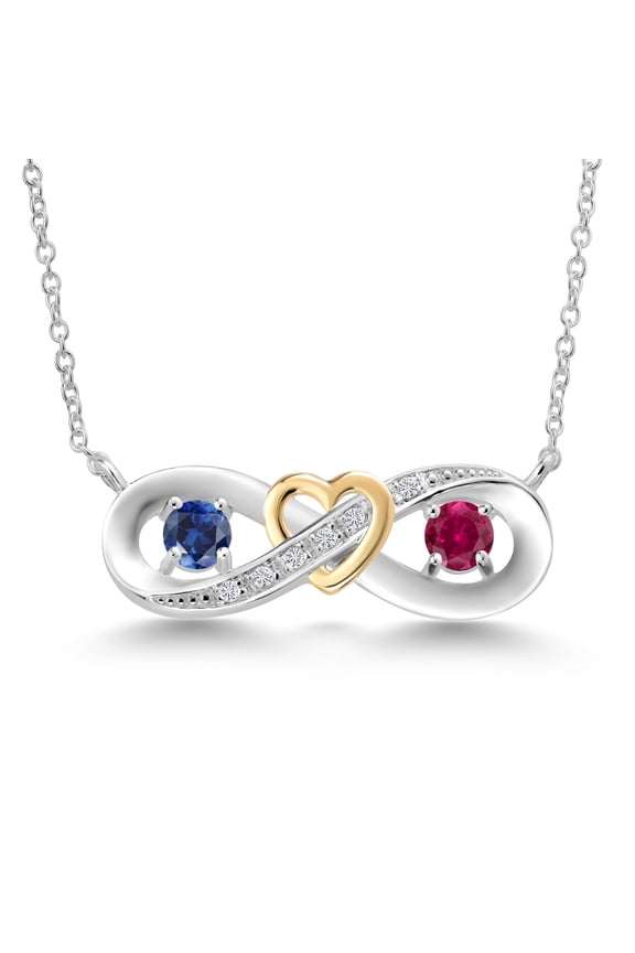 0.56 Ct Blue Created Sapphire Red Created Ruby 925 Silver and 10K Yellow Gold Two-Tone Heart Interlocking Infinity Symbol Lab Grown Diamond Pendant Necklace for Women with 18 inch Chain