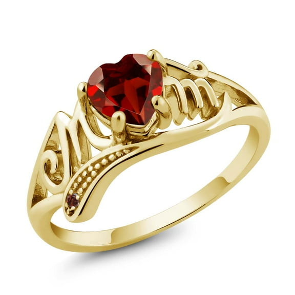 Gem Stone King 0.56 Ct Heart Shape Red Garnet 18K Yellow Gold Plated Sterling Silver Mom Ring
