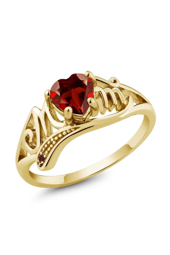 0.56 Ct Heart Shape Red Garnet 18K Yellow Gold Plated Sterling Silver Mom Ring