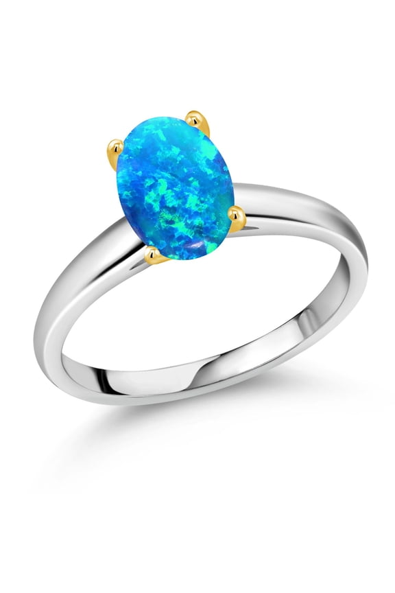 0.56 Ct Oval Cabochon Blue Simulated Opal 10K White and Yellow Gold Ring Ring (Size 9)