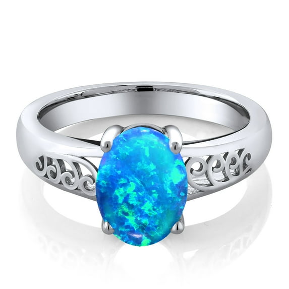 Gem Stone King 0.56 Ct Oval Cabochon Blue Simulated Opal 925 Sterling Silver Curl Into Me Ring