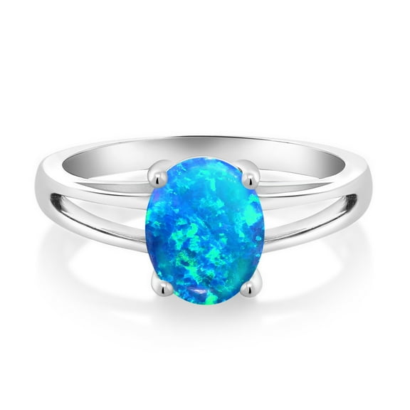Gem Stone King 0.56 Ct Oval Cabochon Blue Simulated Opal 925 Sterling Silver Solitaire Engagement Ring